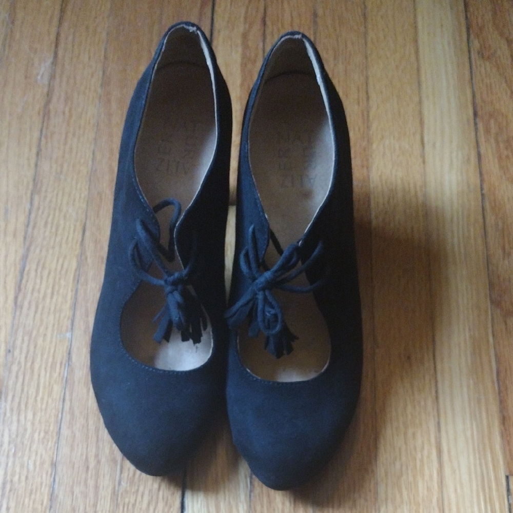Naturalizer Black Suede Tassel Lace-Up Heels